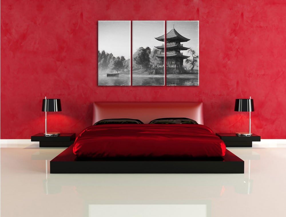 Pixxprint asiatischer Tempel an See / 3-Teilig/Gesamtmass 120cm Leinwandbild bespannt auf Holzrahmen