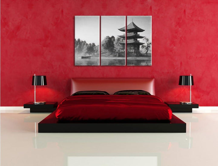 Pixxprint asiatischer Tempel an See / 3-Teilig/Gesamtmass 120cm Leinwandbild bespannt auf Holzrahmen