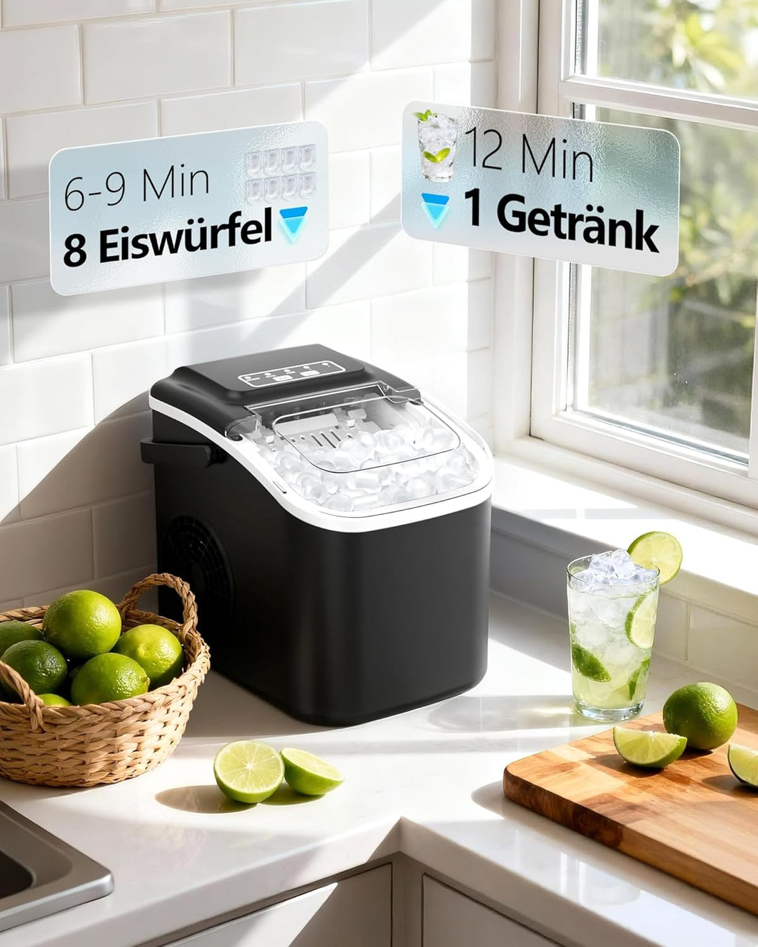 Eiswürfelmaschine Klein Ice Maker Machine: Tragbarer Eiswürfelbereiter, 12kg/24H, 8 Eiswürfel in 6 M