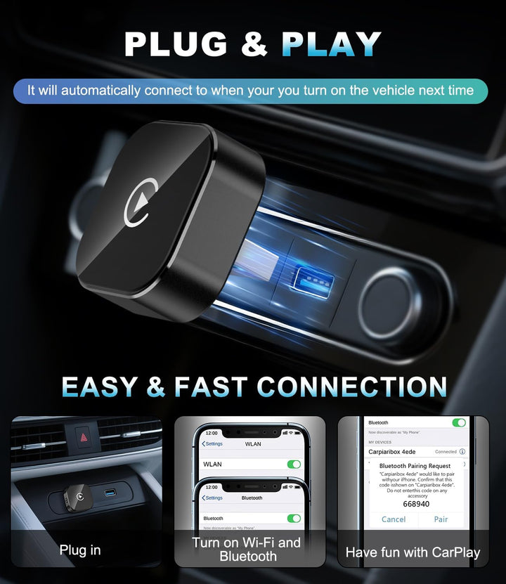 CarPlay Wireless Adapter für Apple 2026, Car Play kabellos Adapter, Plug & Play, USB-A, Mini & Stabi