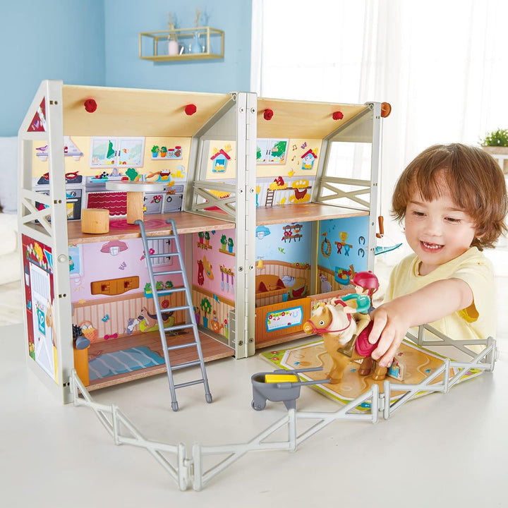 Hape International Hape International Hape Ponyhof | Reiterhof mit viel Zubehör, faltbar zum Mitnehm