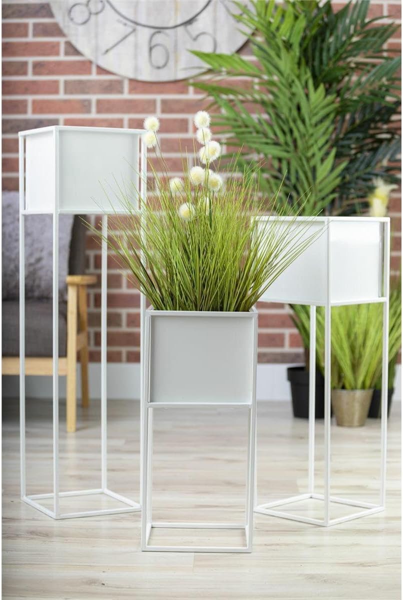 HowHomely Weiss Blumenständer Metall | Pflanzenständer 100 cm Hoch mit Metall Box 19,5 x 20,5 cm | B