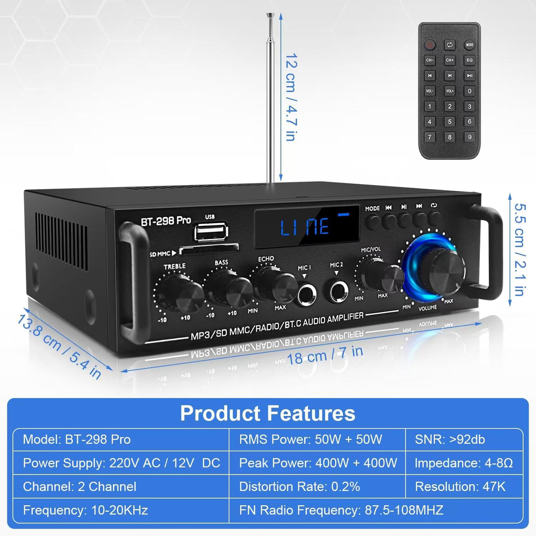 298 Pro Mini Verstärker, Bluetooth-Empfänger, Audioverstärker, Max 500 W x 2 RMS, 50 W x 2, 2-Kanal-