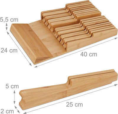 Relaxdays Messerhalter Schublade, für 9 Messer & Wetzstahl, Bambus Messerblock liegend, HxBxT: 5,5 x