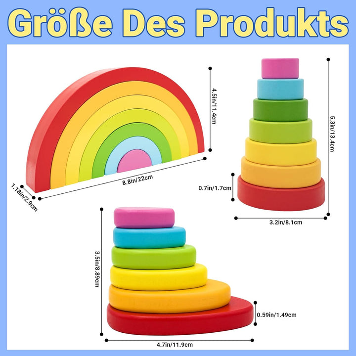 RunHero 3-in-1 Montessori Stapelspielzeug Holzbausteine Regenbogen Motorikspielzeug Grimms Bauklötze