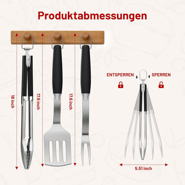 KEYO Kompakt Grillbesteck, 3-teilig aus Edelstahl, Bestehend aus Grillzange, Grillwender und Fleisch