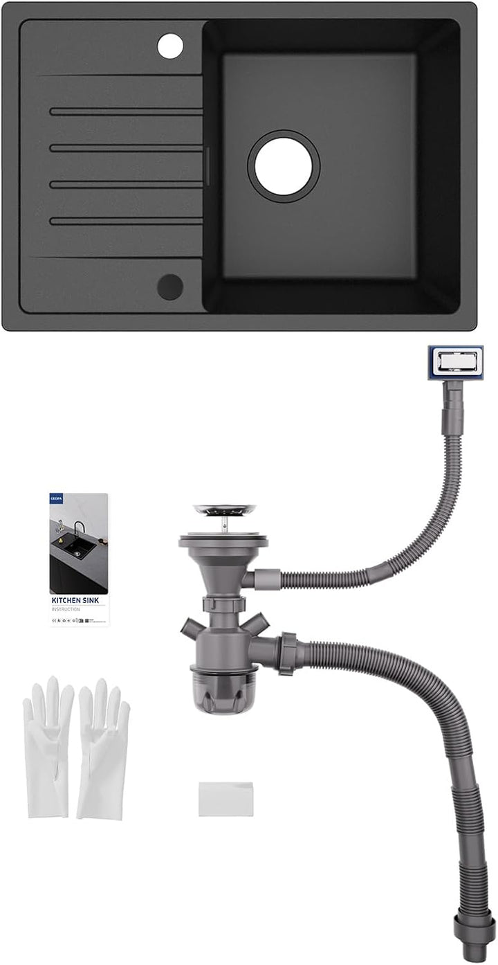 CECIPA Spülbecken Set 65x45 cm mit U-Form Wasserhahn Küche, Granit Küchenspüle Schwarz mit Abtropffl