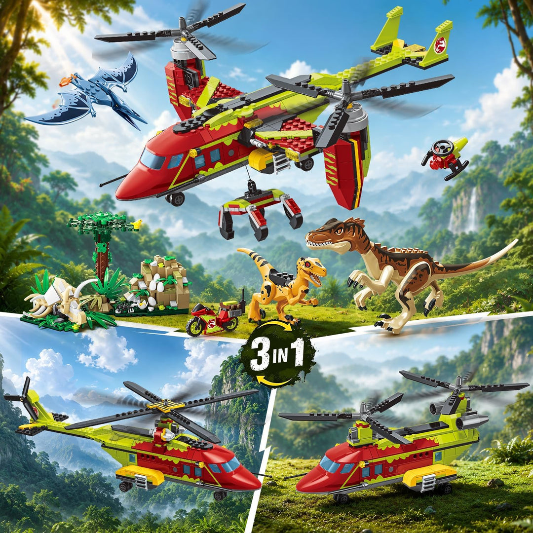 HOGOKIDS 3-in-1 Flugzeug-Bauset mit Dinosaurier, 769PCS Kipprotor-/Transporthubschrauber-/Doppelroto