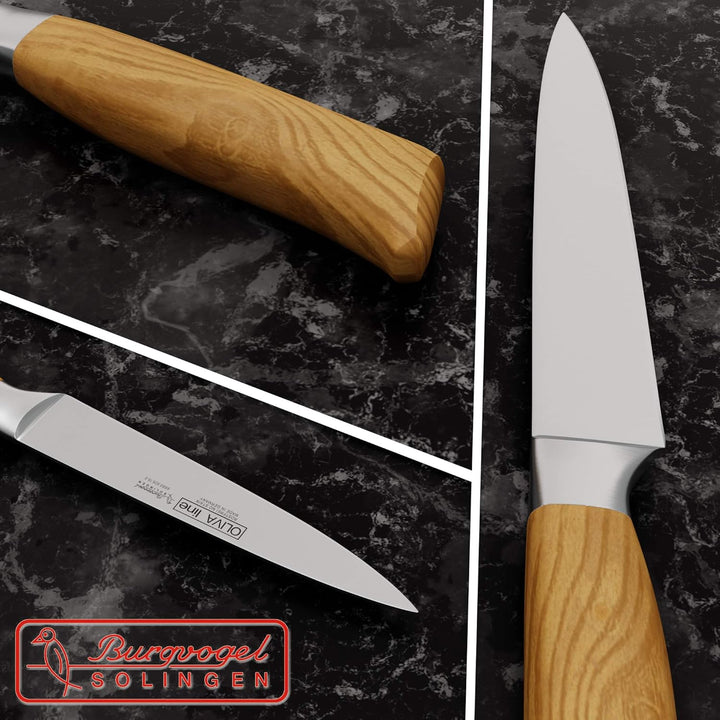 Burgvogel Solingen schmales Küchenmesser 15 cm geschmiedet Olivenholz, Oliva Line, rostfrei, deutsch