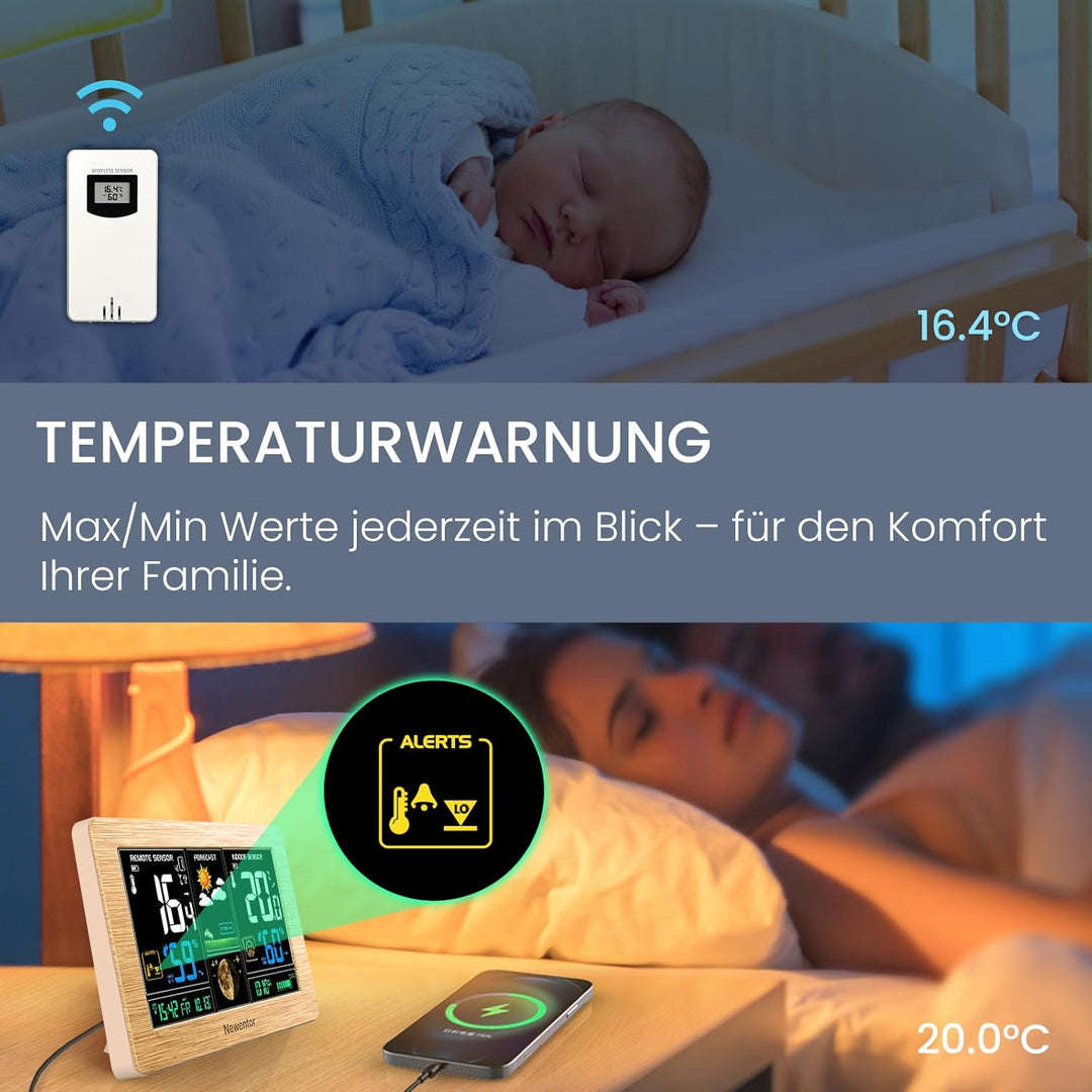 Newentor Wetterstation Funk mit Aussensensor - Funkwetterstation mit Wettervorhersage, Temperaturwar