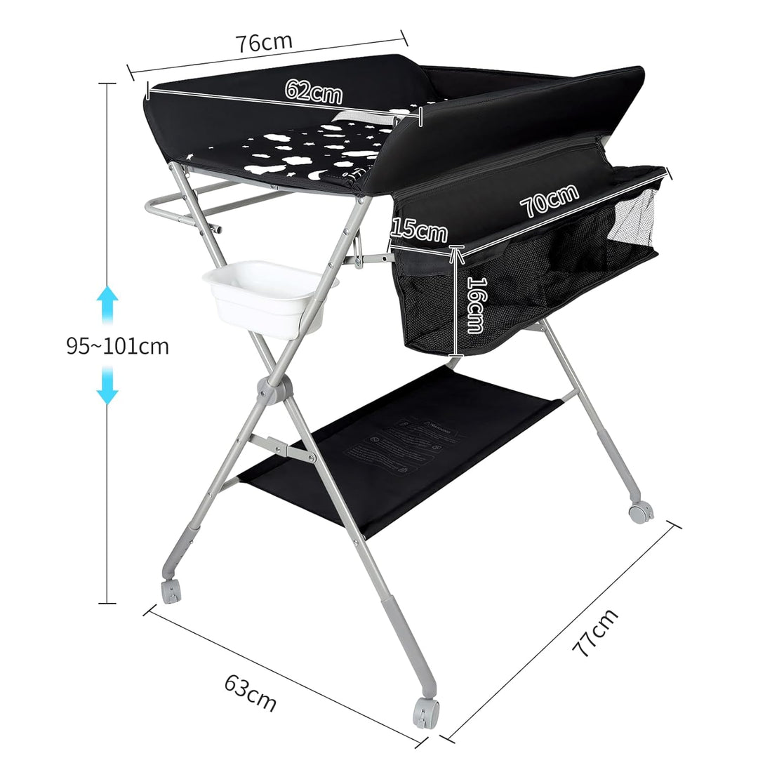 Baby Klappbarer Wickeltisch，Mobiler Wickeltisch mit Rollen und Wickelauflage,Wasserdicht und Höhenve