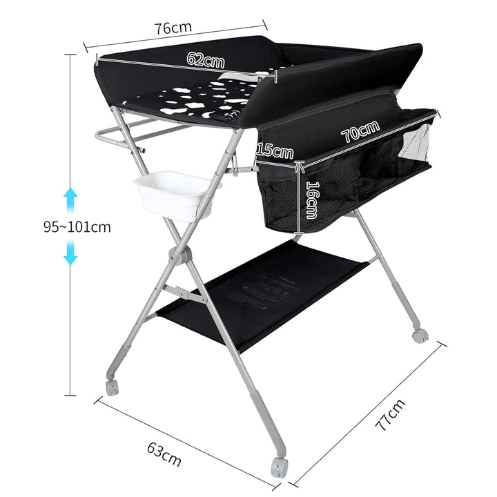 Baby Klappbarer Wickeltisch，Mobiler Wickeltisch mit Rollen und Wickelauflage,Wasserdicht und Höhenve
