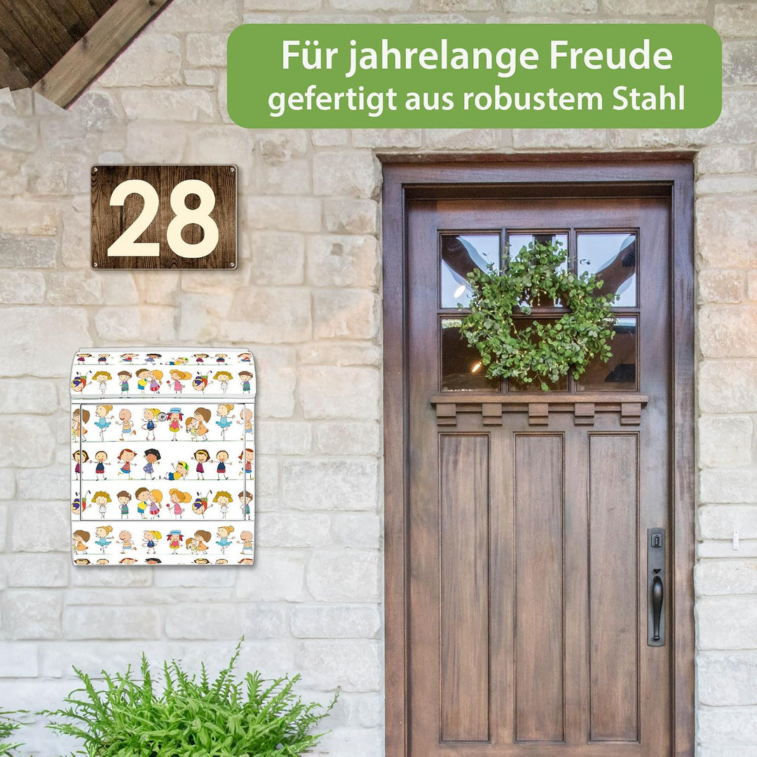 banjado® Design Briefkasten mit Motiv Kinder 39x47x14cm &amp; 2 Schlüssel - Briefkasten Stahl weiss mit