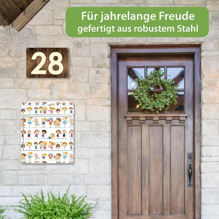 banjado® Design Briefkasten mit Motiv Kinder 39x47x14cm &amp; 2 Schlüssel - Briefkasten Stahl weiss mit