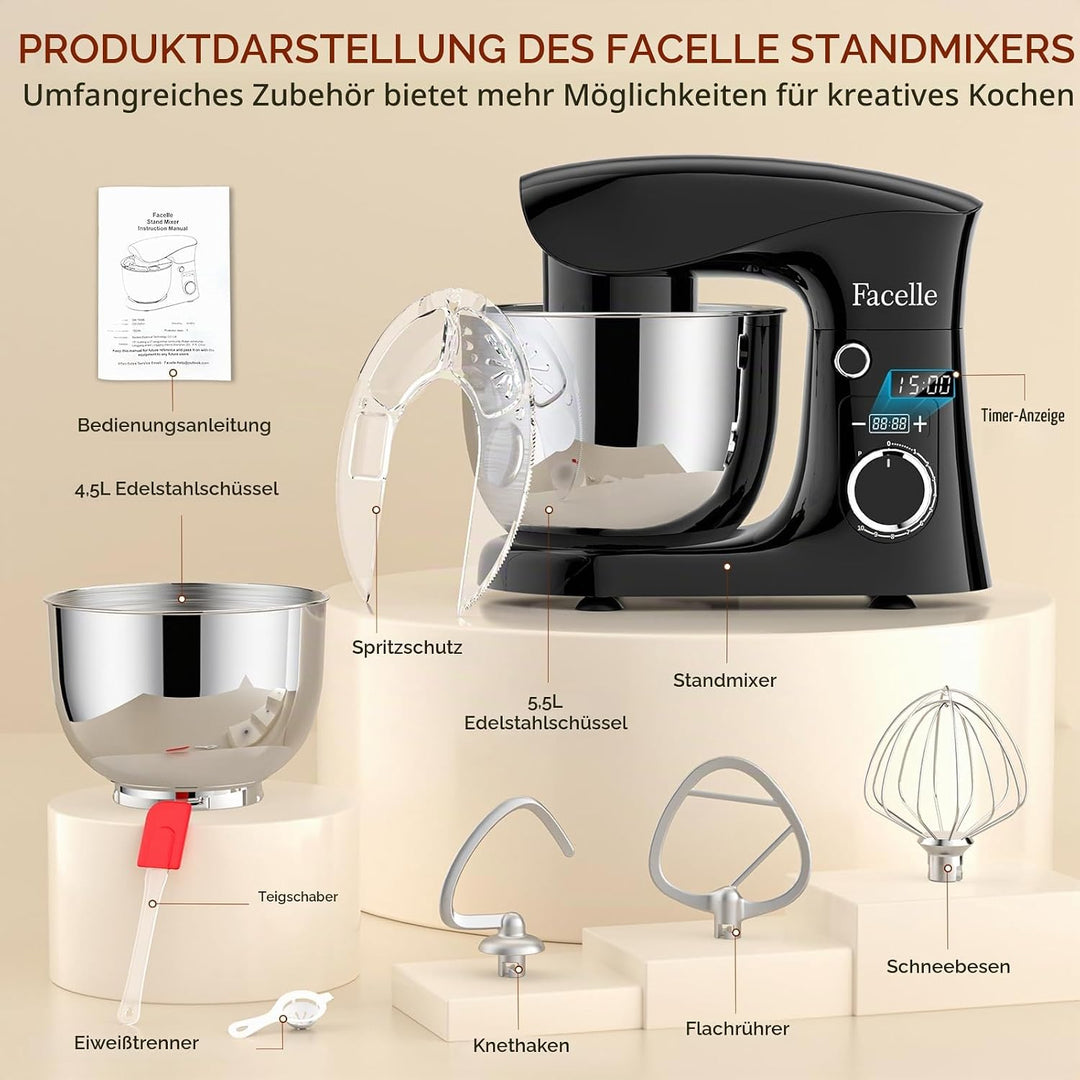 Küchenmaschine Knetmaschine 1500W | Facelle 5,5L &amp;4,5L Teigmaschine Rührmaschine | Geräuscharm| 10+P