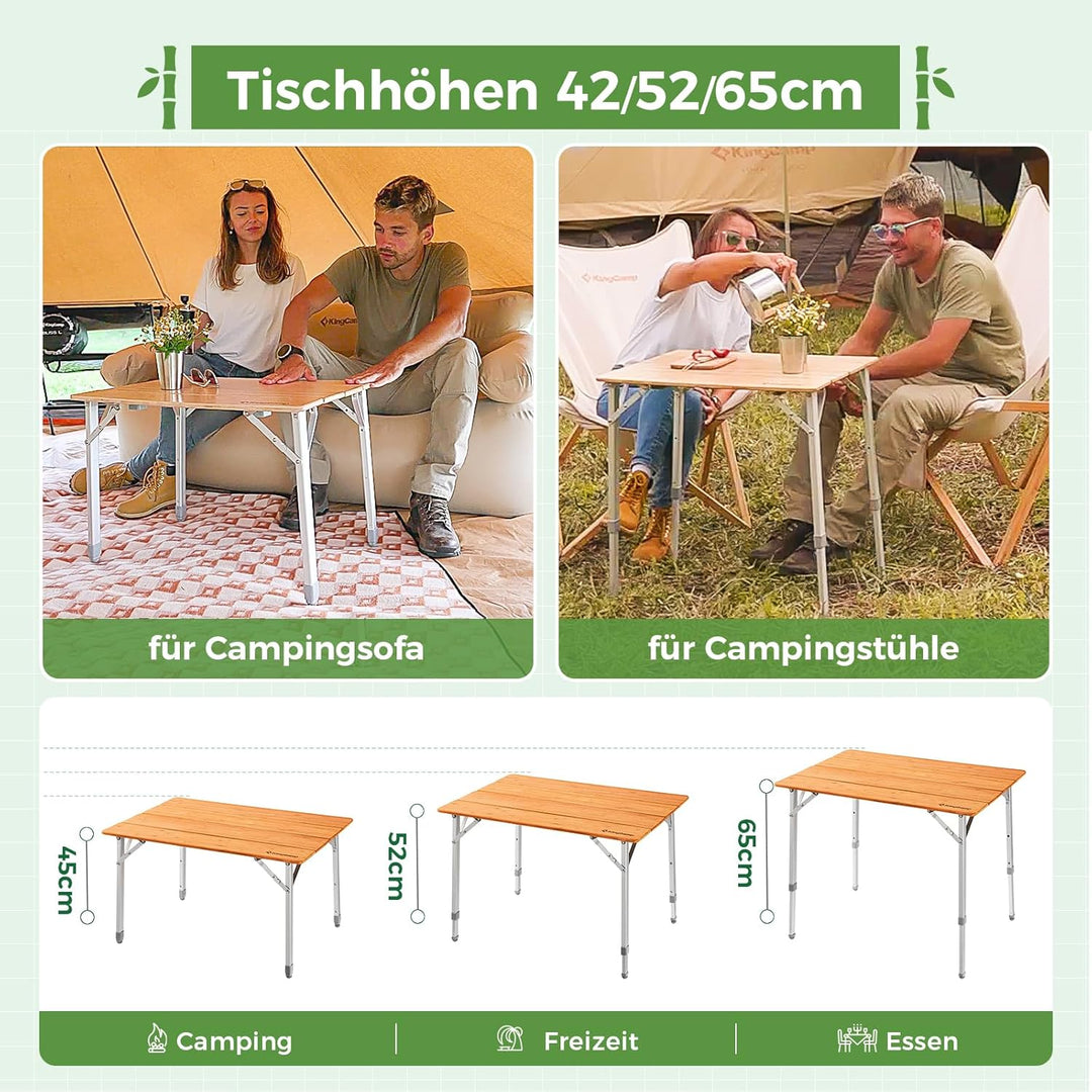 KingCamp Campingtisch Bambus Klapptisch höhenverstellbar (45/52 / 65 cm) für 2-4 Personen Campingtis
