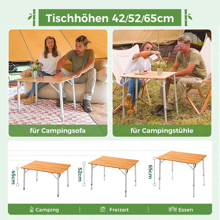 KingCamp Campingtisch Bambus Klapptisch höhenverstellbar (45/52 / 65 cm) für 2-4 Personen Campingtis