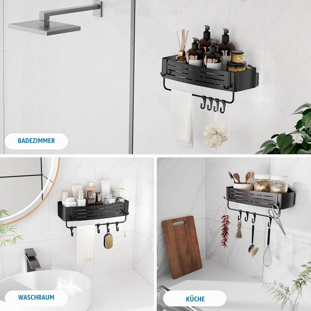 Aluminium Duschregal Ohne Bohren mit Saugnapf, Eck-Duschablage mit 6 tragbaren Haken, Wasserdicht Ba