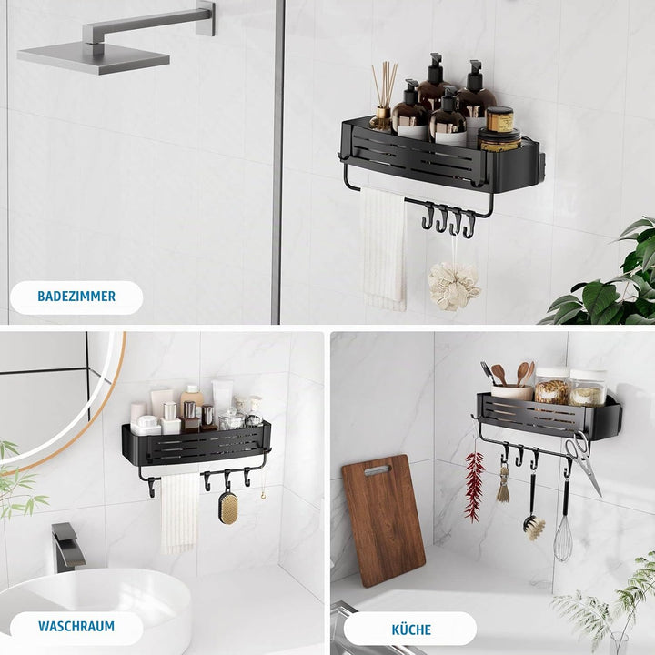 Aluminium Duschregal Ohne Bohren mit Saugnapf, Eck-Duschablage mit 6 tragbaren Haken, Wasserdicht Ba