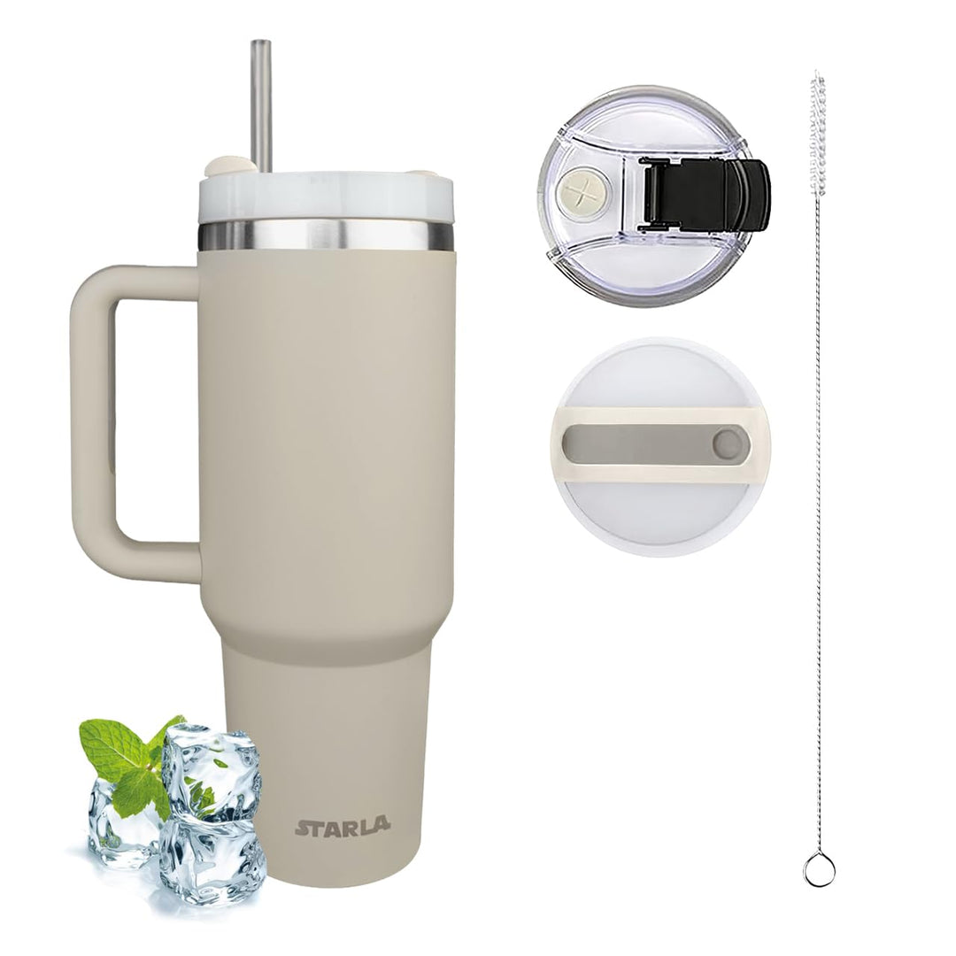 STARLA Thermobecher mit Strohhalm und Henkel 1,2l gross, 2 Deckel, auslaufsicher, Edelstahl Isolierb