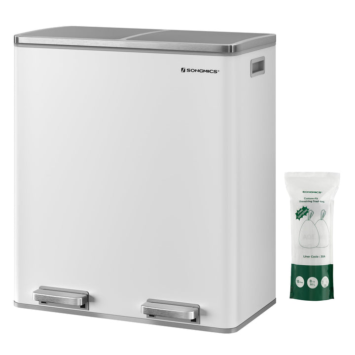 SONGMICS Mülleimer, 2 x 30 Liter, 2 Fächer, Mülltrennsystem, Treteimer, Abfalleimer Küche, 15 Müllsä