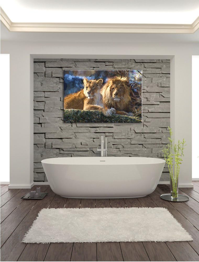 Pixxprint interessiertes Löwenpaar Kunst als Leinwandbild/Grösse: 100x70 cm/Wandbild/Kunstdruck/fert