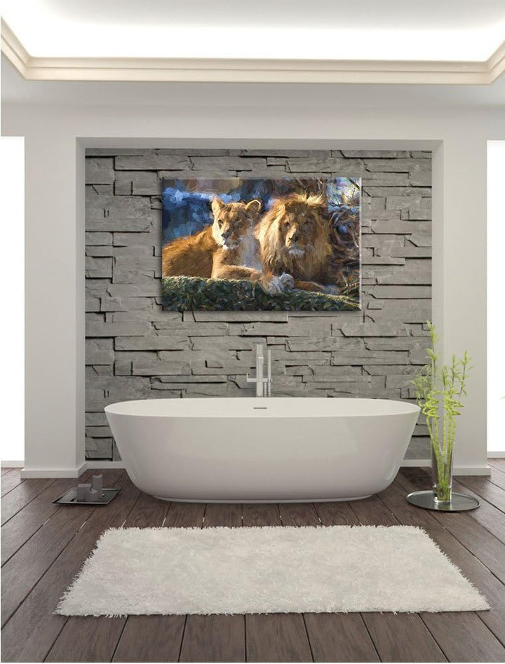 Pixxprint interessiertes Löwenpaar Kunst als Leinwandbild/Grösse: 100x70 cm/Wandbild/Kunstdruck/fert