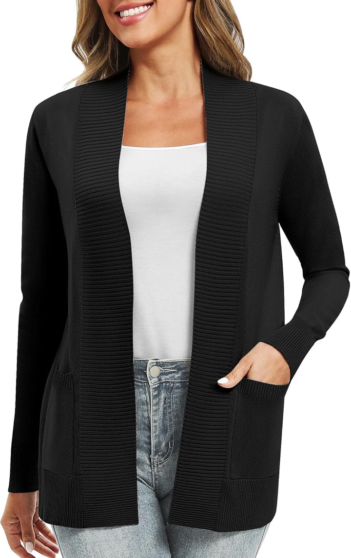 EXCHIC Leicht Damen Lange Ärmel V-Ausschnitt Lange Gestrickt Cardigan Gemütlich Offene Front Strickj