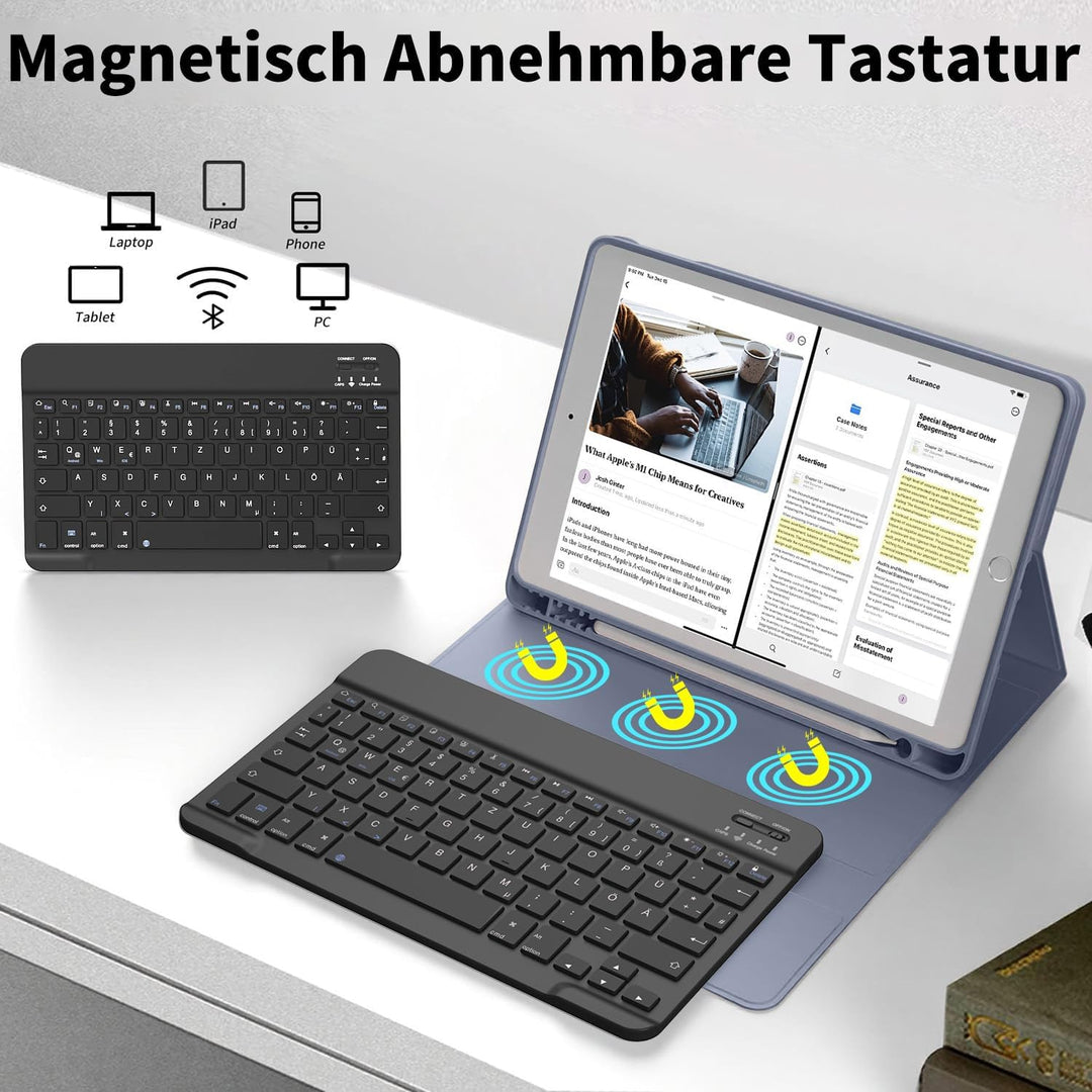 aoub Hülle mit Tastatur für iPad 9./8./ 7. Generation, Kabellose QWERTZ Tastatur Hülle mit Stifthalt