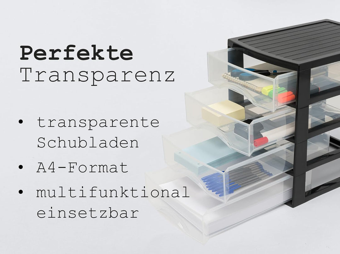 Hausfelder Schubladenbox A4 mit 3 Schubladen inkl. Aufkleber, Schubladenturm Box aus Kunststoff für