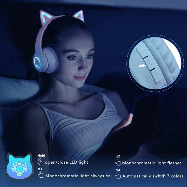 JYPS Kabellose Kinder Kopfhörer mit LED-Licht und Katzenohren für Mädchen, Bluetooth Kopfhörer Kinde
