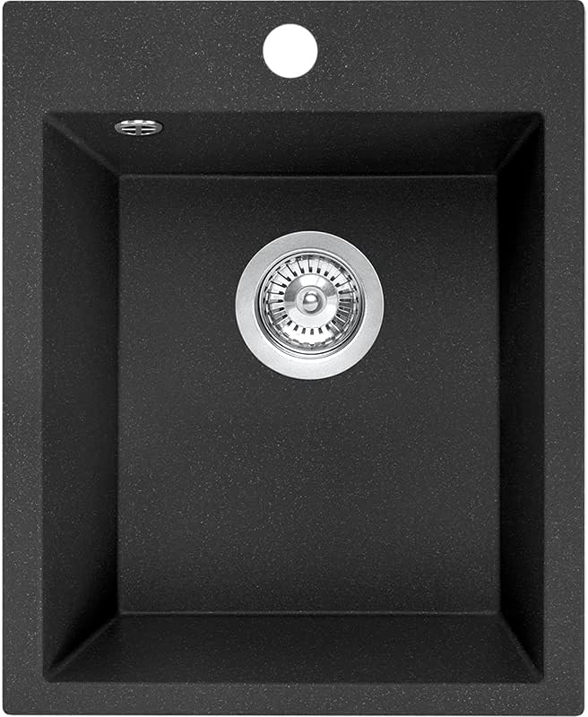 VBChome Spülbecken 48 x 39 cm Einzelbecken Schwarz Granit Rechteckig Einbauspüle Gesprenkelt Grosses