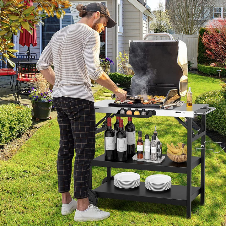 COSTWAY Grilltisch mit 3 Ablagen, Grillwagen mit Verstellbarer Ablage, Telefonständer, Gewürzregal,