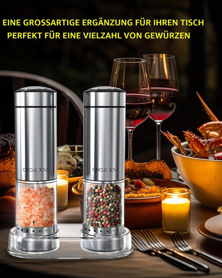 CIRCLE JOY Salz und Pfeffermühle Elektrisch Akkubetriebenes Gewürzmühlen aus Edelstahl mit Sockel, W