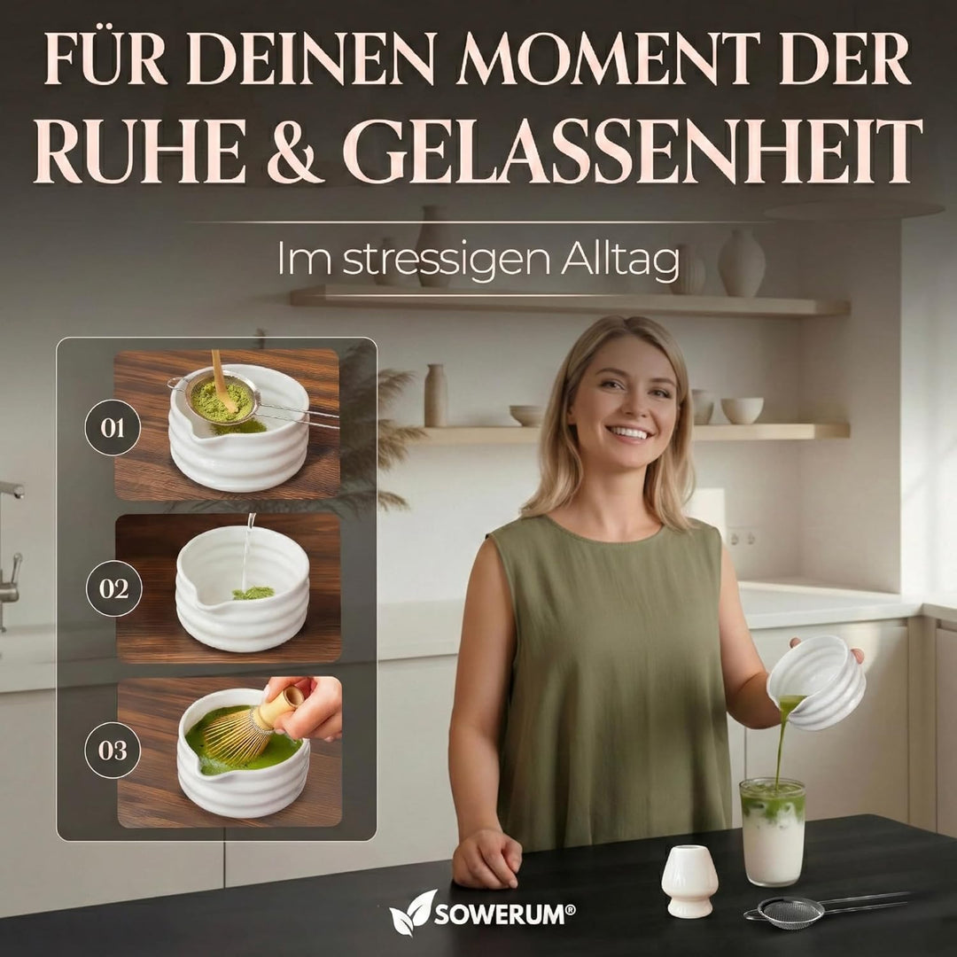 Matcha Set Weiss 5-teilig Schale mit Ausgiesser und [EXTRA ROBUSTEM] Matchabesen Spülmaschinenfest M