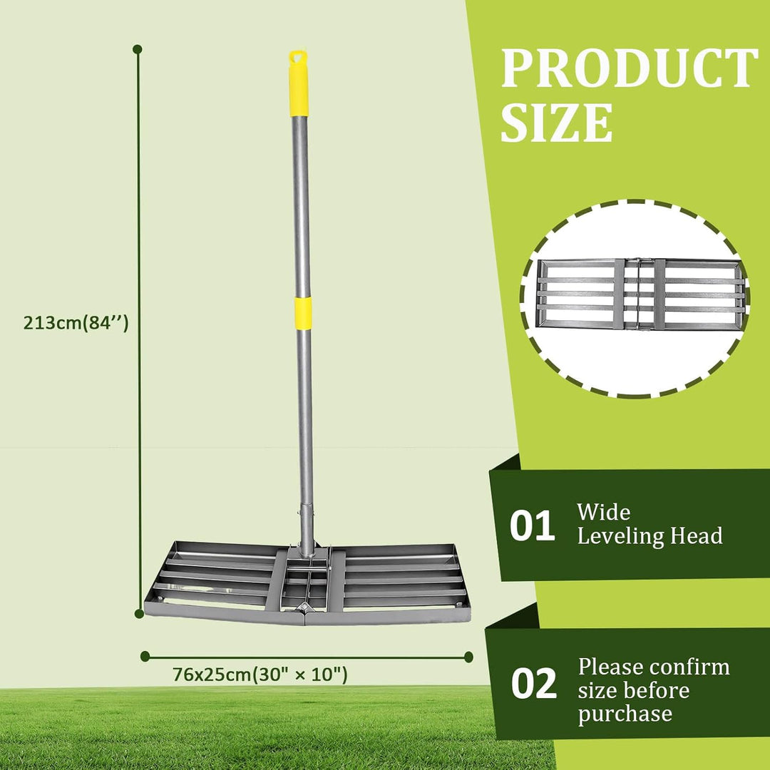Rasenrakel 213 cm, 76 x 25 cm Rasen-Nivelliergerät aus Edelstahl, Ergonomischer Rasen-Nivellierreche