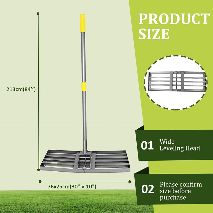 Rasenrakel 213 cm, 76 x 25 cm Rasen-Nivelliergerät aus Edelstahl, Ergonomischer Rasen-Nivellierreche