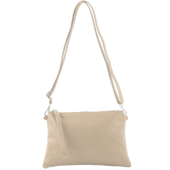 modamoda de - T186 - ital. Clutch Umhängetasche Leder Medium Graubeige, Graubeige