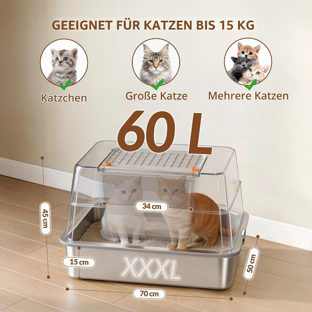 Edelstahl Katzenklo mit Deckel, XXXL Geschlossene Metall Katzentoilette, 70 x 50 x 45 cm, 105° Klapp