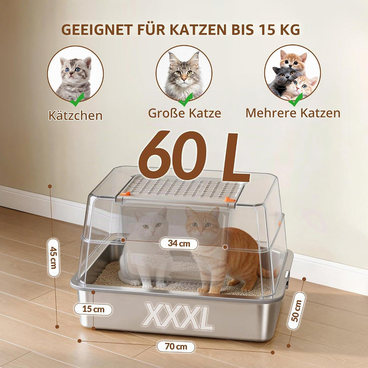 Edelstahl Katzenklo mit Deckel, XXXL Geschlossene Metall Katzentoilette, 70 x 50 x 45 cm, 105° Klapp