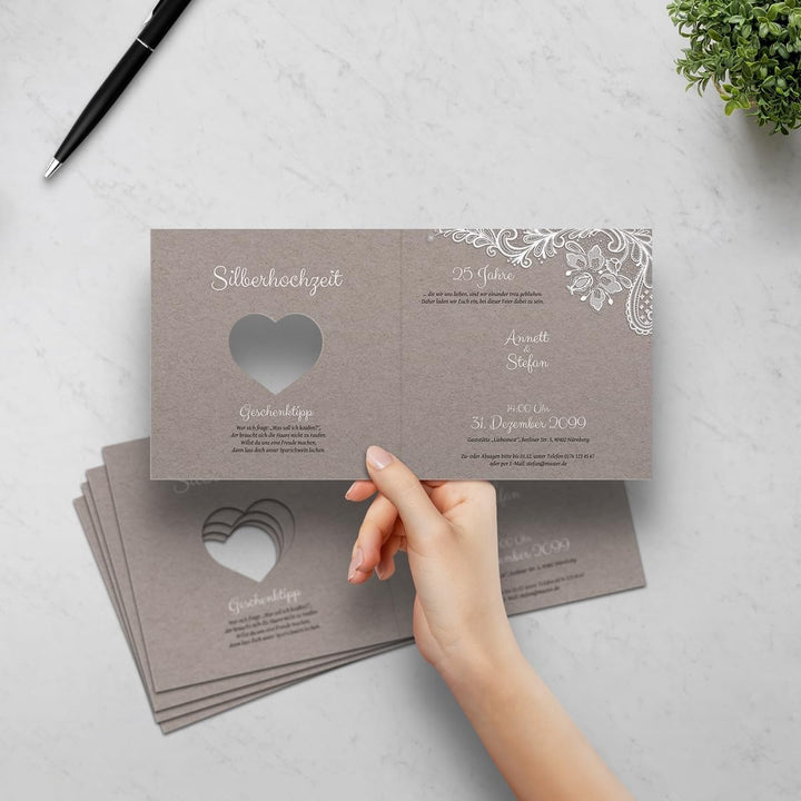 Kartenmachen.de Lasergeschnittene Hochzeitseinladungen Silberhochzeit silberne Hochzeit Einladung in