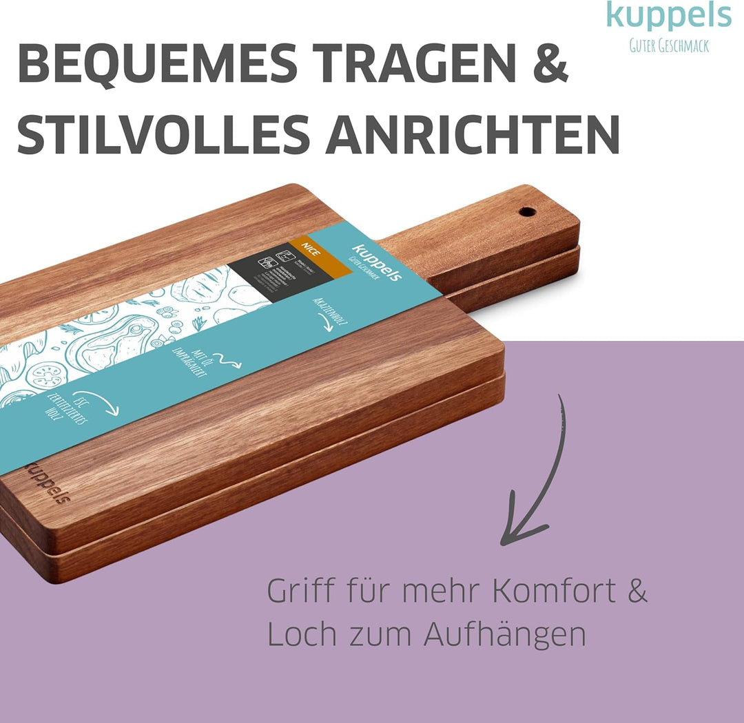 Kuppels NICE 2er Set Holz Schneidebrett mit Griff 35x18 cm, Akazienholz Servierbrett zum Schneiden u