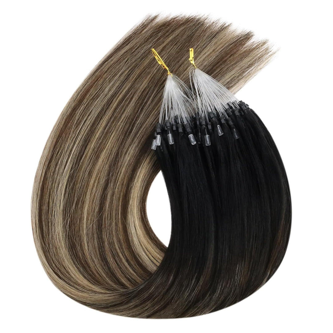 Ugeat 45cm Haarverlängerung mit Microrings Balayage Schwarz zu Dunkelbraun und Karamellblond Remy Ec