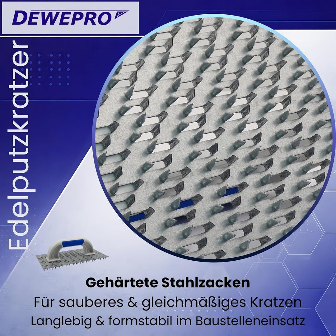 DEWEPRO Edelputzkratzer 250 x 130 mm für Mineralputz | Putzkratzer mit gezahnter Metallplatte, ca. 7