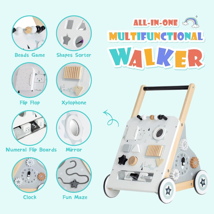 Labebe Lauflernwagen holz, 8-in-1 Verwendung als Laufwagen, Baby Lauflernhilfe Holz mit gummierten H