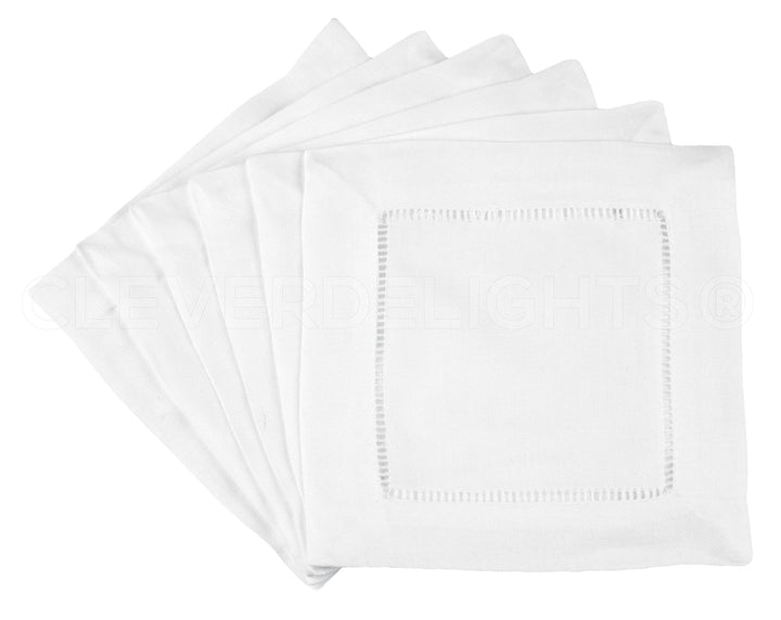 12 CleverDelights White 100% Cotton Hemstitch Cocktail Napkins - 6 x 6 Ladder Hemstitch Cloth Bevera