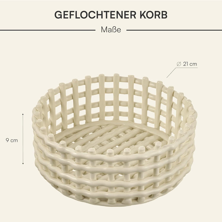 Baroni Home Geflochtener Mehrzweckkorb aus Keramik, Obstschale, Tischdeko, Taschenleerer, rund, weis