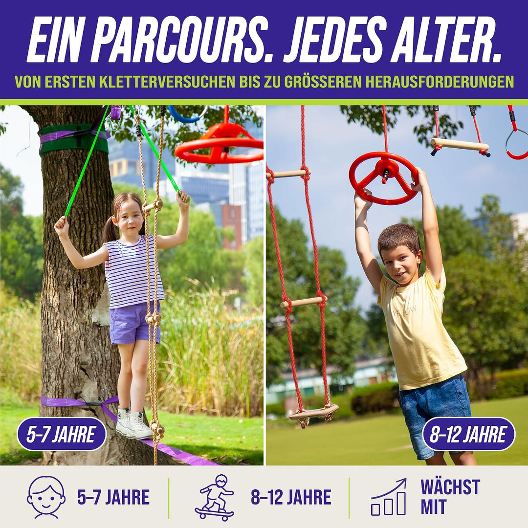 Ninja Warrior Obstacle Course for Kids Workout Equipment, 2 x 55ft Slacklines with 10 Weatherproof &