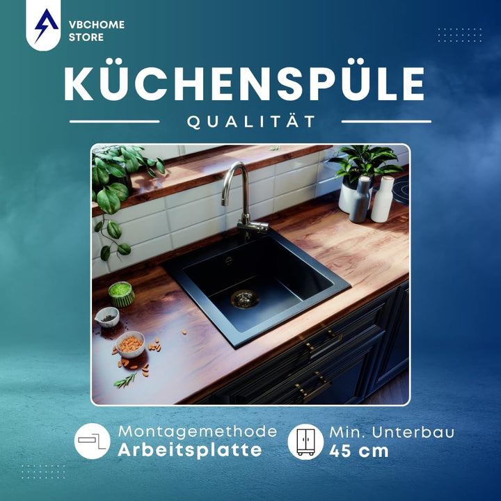 VBChome Granitspüle 50 x 48 cm Schwarz mit Armatur Einzelbecken Einbauspüle Gesprenkelt Pflegeleicht