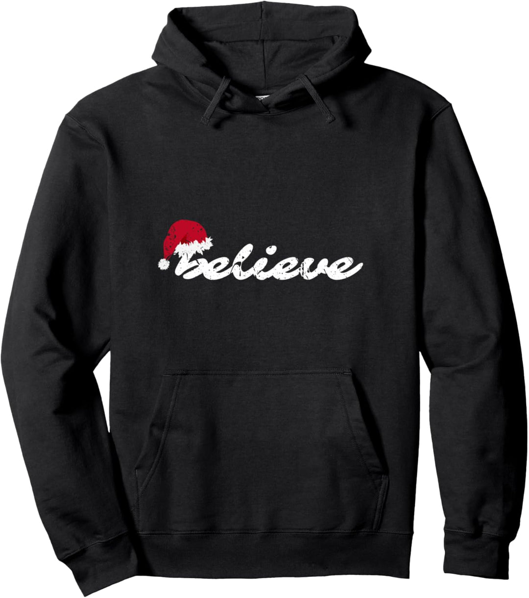 Merry Christmas Santa Hat Design Holiday Gifts Xmas Believe Pullover Hoodie